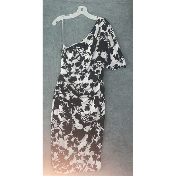 Do+Be Dress Womens Medium Black One‎ Shoulder Faux Wrap Floral Classy Cocktail - Picture 1 of 9